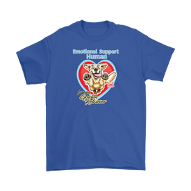 a royal blue Gildan Mens T-Shirt featuring the OMG You're Home Golden Retriever dog design with Emotional Support Human above the dog. 