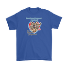 A mens royal blue t-shirt with the OMG You're HOME! German Shepherd dog design on the front