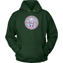 Load image into Gallery viewer, This comfy green hoodie features the OMG Blue Nose Pitbull Mom design on the front in full vibrant color.