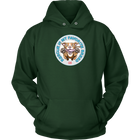 front view of a green hoodie featuring original Red Nose Pitbull rescue artwork by OMG You're HOME!