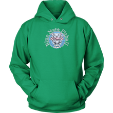 Load image into Gallery viewer, the front view of a lime green unisex Hoodie featuring the OMG You're Home Blue Nose Pitbull dog design in full color.