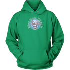 the front view of a lime green unisex Hoodie featuring the OMG You're Home Blue Nose Pitbull dog design in full color.