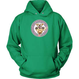 a green unisex hoodie tee features the original Golden Retriever dog artwork by OMG You're Home!