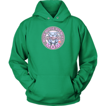 Load image into Gallery viewer, This comfy green hoodie features the OMG You're Home Blue Nose Pitbull Mom design on the front in full vibrant color.