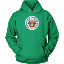 Load image into Gallery viewer, front view of a green hoodie featuring original Red Nose Pitbull rescue artwork by OMG You're HOME!