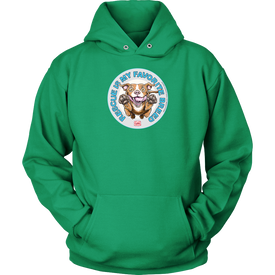 front view of a green hoodie featuring original Red Nose Pitbull rescue artwork by OMG You're HOME!