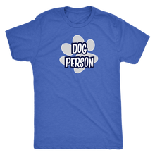 Load image into Gallery viewer,  front view of a roayl blue tshirt with the Dog Person design by OMG You're Home