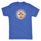 a men's royal blue t-shirt featuring the original Golden Retriever dog artwork by OMG You're Home! This collection is dedicated to those of us who love and support rescues.