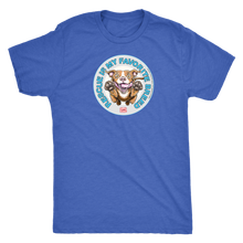 Load image into Gallery viewer, front view of a mens royal blue Triblend t-shirt by Next Level featuring the original Red Nose Pitbull artwork by OMG You're Home! Part of the "Rescue is my favorite breed" collection.