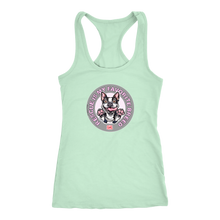 Load image into Gallery viewer, A soft green Next Level Racerback Tank featuring the OMG You're Home! Boston Terrier design with "Rescue is my favorite breed"