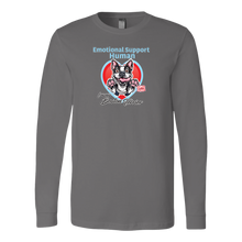 Load image into Gallery viewer, a grey long sleeve shirt featuring the Boston Terrier dog design in the Emotional Support Human collection. Great gift idea for the Bostie dog lover.