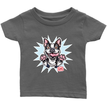 Load image into Gallery viewer, front view of a toddler's grey OMG You're Home t-shirt with the Boston Terrier dog design  in full color