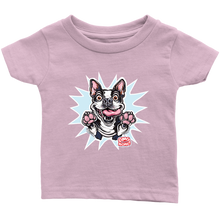 Load image into Gallery viewer, front view of a toddler's pink OMG You're Home t-shirt with the Boston Terrier dog design  in full color