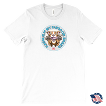 Load image into Gallery viewer, Front view of a mens white T-Shirt by Canvas featuring the original Red Nose Pitbull artwork by OMG You're Home! Part of the "Rescue is my favorite breed" collection.