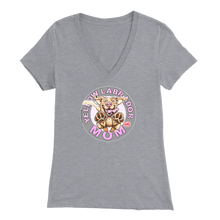 Load image into Gallery viewer, a women's heather grey v-neck shirt with the OMG You're Home! Yellow Labrador dog mom design on the front