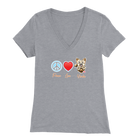 Light grey Bella Womens V-Neck Shirt featuring the Peace Love Yorkie dog design from OMG You're HOME!