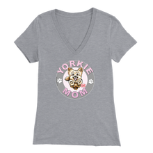 Load image into Gallery viewer, a women's light grey v-neck shirt with the OMG You're Home! Yorkie dog mom design on the front