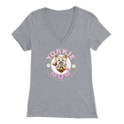 a women's light grey v-neck shirt with the OMG You're Home! Yorkie dog mom design on the front
