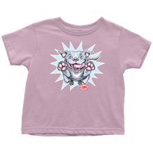 Load image into Gallery viewer, a toddler's pink t-shirt with the Blue Nose Pit Bull design by OMG You're Home on the front in full vibrant color
