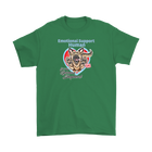 A mens green t-shirt with the OMG You're HOME! German Shepherd dog design on the front