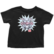 Load image into Gallery viewer, a toddler's black t-shirt with the Blue Nose Pit Bull design by OMG You're Home on the front in full vibrant color