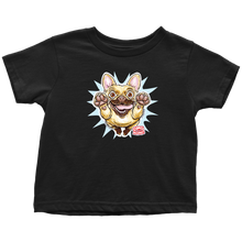 Load image into Gallery viewer, a toddler's black t-shirt with the original OMG You're Home Fawn Frenchie dog design on the front in full color