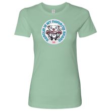 Load image into Gallery viewer, front view of a womens light green tshirt with the OMG You're Home rescue pit on the front