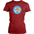 A womens red shirt for dog lovers by District featuring the original Golden Retriever dog artwork on the front