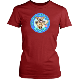 A womens red shirt for dog lovers by District featuring the original Golden Retriever dog artwork on the front