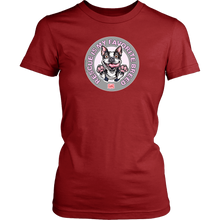 Load image into Gallery viewer, District Womens red Shirt featuring the OMG You're Home! Boston Terrier design with "Rescue is my favorite breed"