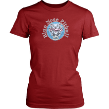 Load image into Gallery viewer, Front view of a red District Shirt featuring the OMG You're HOME! Blue Nose Pitbull design in full vibrant color.