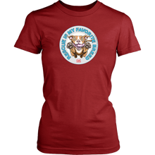 Load image into Gallery viewer, front view of a womens red t-shirt featuring the original Red Nose Pitbull artwork by OMG You're Home! Part of the "Rescue is my favorite breed" collection.