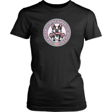 Load image into Gallery viewer, District Womens black Shirt featuring the OMG You're Home! Boston Terrier design with "Rescue is my favorite breed"