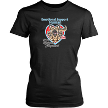 Load image into Gallery viewer, A womens black Shirt by District featuring the original German Shepherd dog artwork by OMG You're HOME! This design has the text "Emotional Support Human" above the German Shepherd.