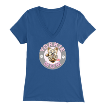 Load image into Gallery viewer, a women's blue v-neck shirt with the OMG You're Home! Yorkie dog mom design on the front
