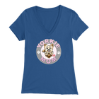 a women's blue v-neck shirt with the OMG You're Home! Yorkie dog mom design on the front
