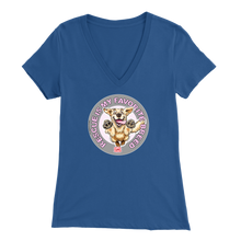 Load image into Gallery viewer, a womens  blue v-neck shirt featuring the original Golden Retriever dog artwork by OMG You're Home!