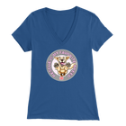 a womens  blue v-neck shirt featuring the original Golden Retriever dog artwork by OMG You're Home!