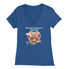 Load image into Gallery viewer, Bella Womens royal blue V-Neck. This comfortable shirt features the OMG You're Home German Shepherd dog design with the text "Emotional Support Human".