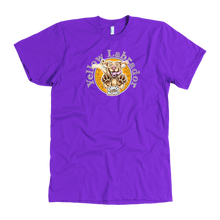 Load image into Gallery viewer, front view of a men's purple American Apparel  t-shirt featuring the OMG You're HOME! Yellow Labrador Retriever design