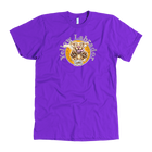 front view of a men's purple American Apparel  t-shirt featuring the OMG You're HOME! Yellow Labrador Retriever design