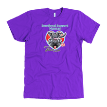 Load image into Gallery viewer, a purple OMG You're Home t-shirt featuring the Emotional Support Human for my Black Labrador Retriever design on the front in full color