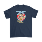 a navy blue Gildan Mens T-Shirt featuring the OMG You're Home Golden Retriever dog design with Emotional Support Human above the dog.