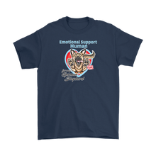 Load image into Gallery viewer, A mens navy blue t-shirt with the OMG You're HOME! German Shepherd dog design on the front