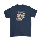 A mens navy blue t-shirt with the OMG You're HOME! German Shepherd dog design on the front