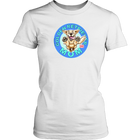 A womens white dog lovers shirt by District featuring the original Golden Retriever dog artwork on the front