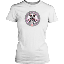 Load image into Gallery viewer, District Womens white Shirt featuring the OMG You're Home! Boston Terrier design with "Rescue is my favorite breed"