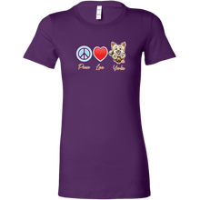 Load image into Gallery viewer, purple Bella Womens Shirt featuring the Peace Love Yorkie dog design from OMG You're HOME!