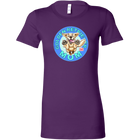 A women's purple t-shirt featuring the OMG You're Home! Golden Retriever artwork