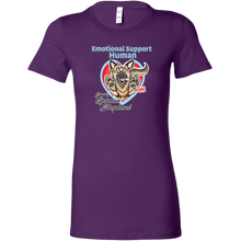 Load image into Gallery viewer, a womens purple shirt featuring the original German Shepherd dog artwork by OMG You're HOME! The text "Emotional Support Human" appears above the design in light blue letters.